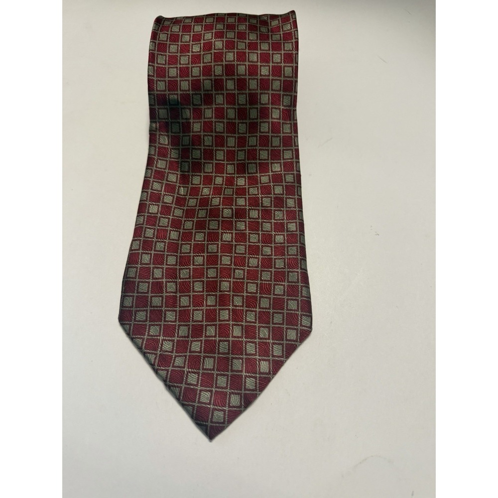 Tongue Tied Mens Silk Necktie Red Silver Geometric Square Pattern Hand Made